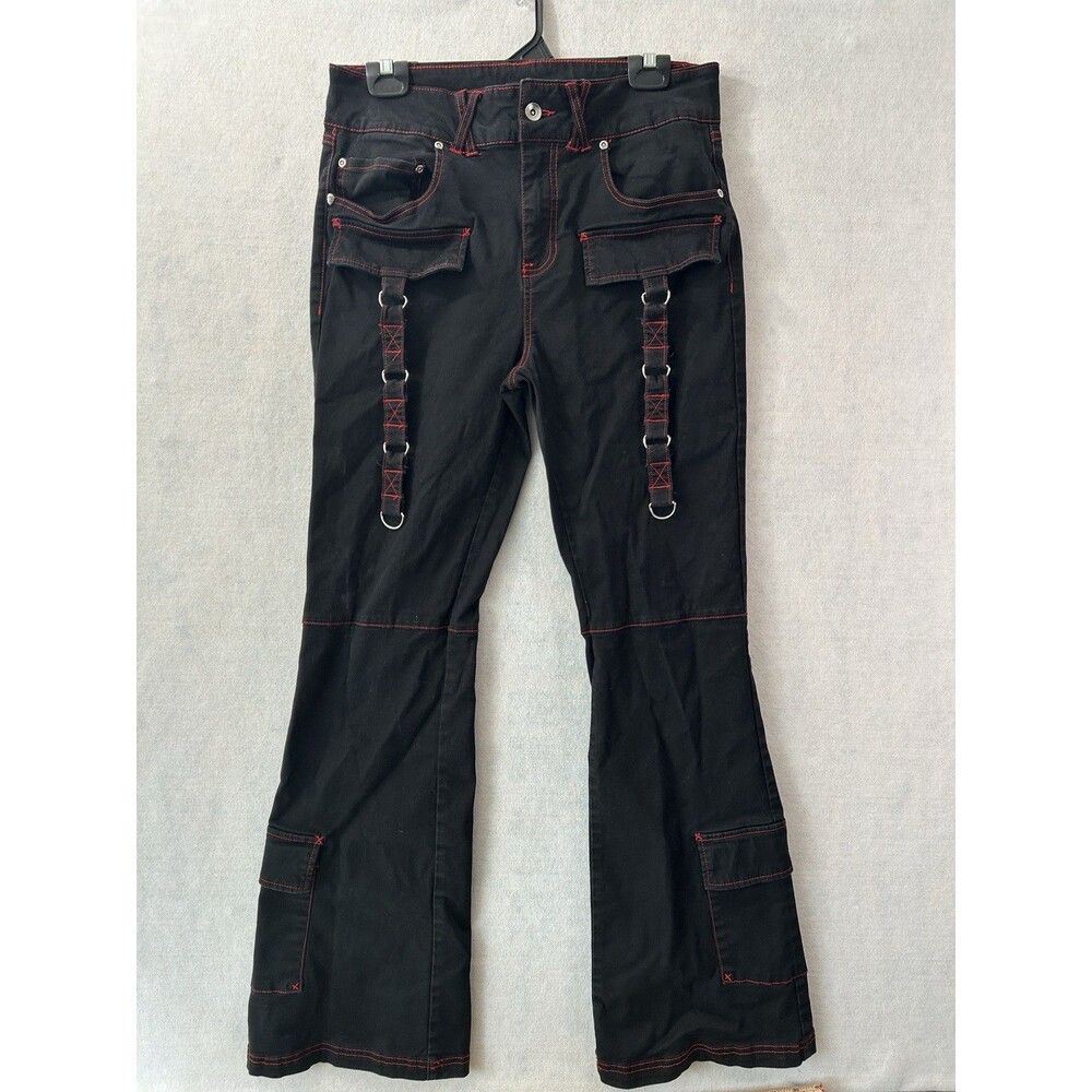 Hot Topic Black Red Contrast Stitch Cargo Flare Pants Goth Y2K High Rise 11